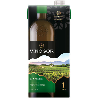 Вино Vinogor Шардоне белое полусухое 12%, 1л