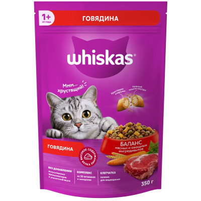 Сухой корм Whiskas для кошек Вкусные подушечки с нежным паштетом с говядиной, 350г