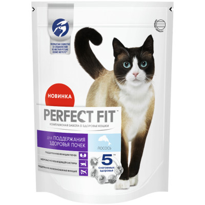 Сухой корм Perfect Fit полнорационный здоровье почек для взрослых кошек с лососем, 650г