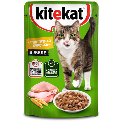 Влажный корм Kitekat для взрослых кошек со вкусом курицы в желе Аппетитная курочка, 85г