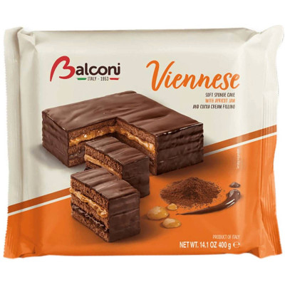 Торт бисквитный Balconi Венский с начинкой из какао и абрикоса в какао глазури, 400г