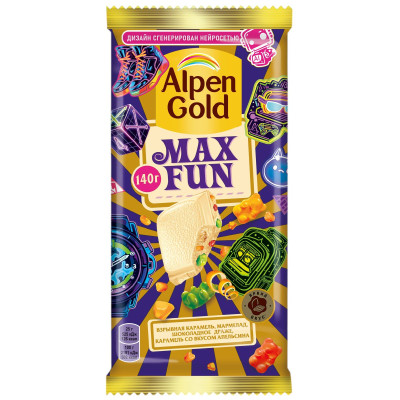 Шоколад белый Alpen Gold Maxfun взрывная карамель-мармелад-шоколадное драже-апельсин, 140г