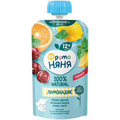 Напиток сокосодержащий ФрутоНяня Лимонадик Яблоко-арония-апельсин-вишня-лимон-мята с 12 месяцев, 130мл