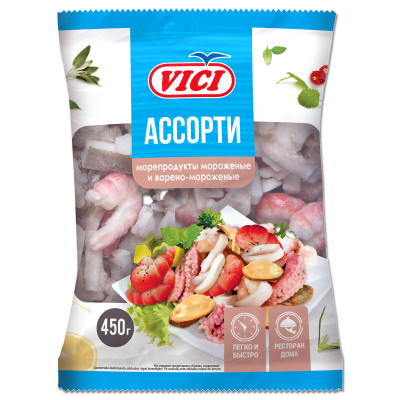 Ассорти из морепродуктов Vici с креветками имитация пастеризованными сыро-мороженых, 450г