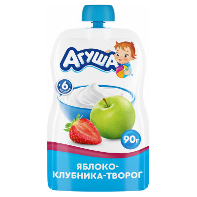 Пюре фруктово-молочное Агуша Яблоко-Клубника-Творог с 6 месяцев, 90г