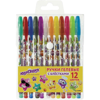 Ручки Юнландия гелевые с блестками разноцветные, 12шт