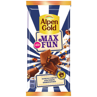 Шоколад Alpen Gold Muxfun Молочный с мармеладом со вкусом колы, попкорном и взрывной карамелью, 140г