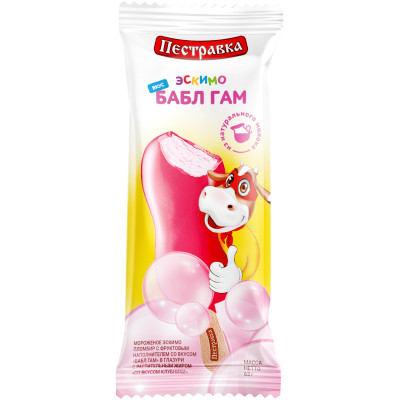 Мороженое Пестравка эскимо пломбир с наполнителем Бабл Гам в глазури со вкусом клубники 12%, 63г