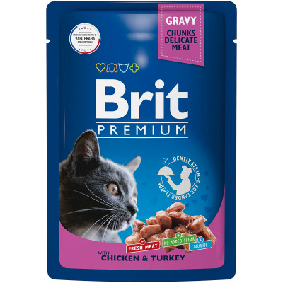 Корм Brit Premium цыплёнок и индейка в соусе для взрослых кошек, 85г