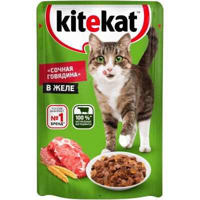 Влажный корм Kitekat для взрослых кошек со вкусом говядины в желе Сочная говядина, 85г