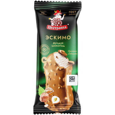 Мороженое Пестравка Фундук в Шоколаде эскимо сливочное с ореховой пастой в молочном шоколаде 8%, 70г