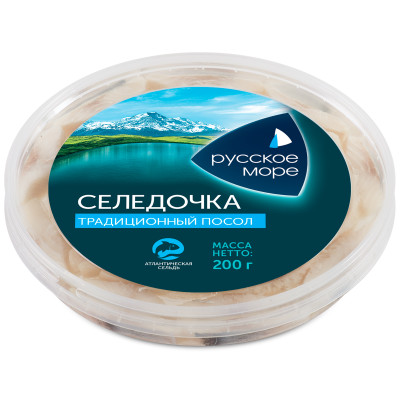 Сельдь атлантическая Русское Море Традиционный посол филе-кусочки слабосолёные в масле, 200г