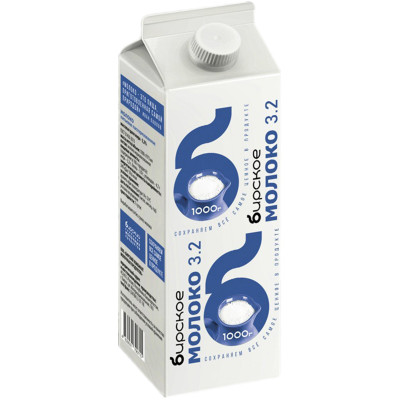 Молоко Бирское питьевое пастеризованное 3.2%, 1л