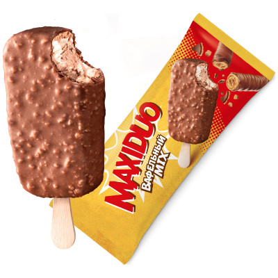 Мороженое MAXIDUO Вафельный MIX сливочное двухслойное с какао в шоколадной глазури из злаков 8%, 63г