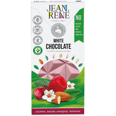 Шоколад белый Jean Rene Малиновый малина-вишня-черёмуха-миндаль с пониженным содержанием сахара, 80г