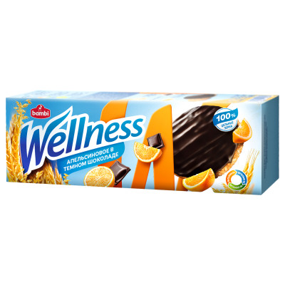 Печенье Wellness цельнозерновое апельсиновое в темном шоколаде с витаминами, 155г