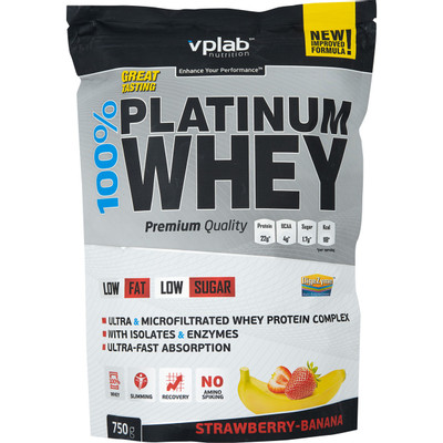 Протеин Vplab 100% Platinum Whey со вкусом клубники-банана, 750г