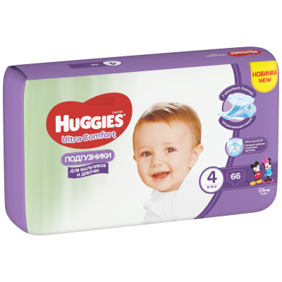 Подгузники Huggies Ultra Comfort для мальчиков и девочек р.4 8-14 кг, 66шт