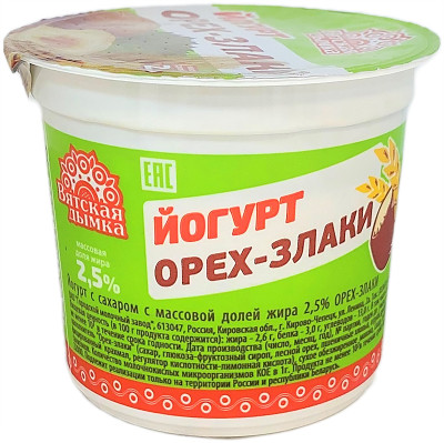 Йогурт Вятская Дымка орех-злаки с сахаром 2.5%, 125г