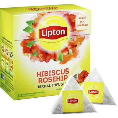 Чай Lipton Hibiscus Rosehip травяной с гибискусом и шиповником в пирамидках, 20х1.8г