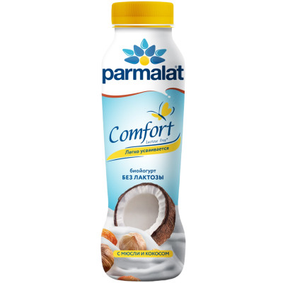 Биойогурт питьевой Parmalat Comfort безлактозный мюсли-кокос 1.5%, 290мл