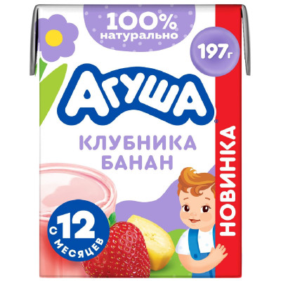 Коктейль Агуша молочный детский с бананом и клубникой с 12 месяцев 2%, 190мл