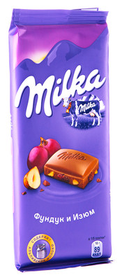 Шоколад молочный Milka с фундуком и изюмом, 90г