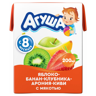 Сок Агуша яблоко-банан-клубника-арония-киви с мякотью с 8 месяцев, 200мл