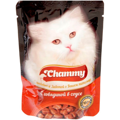 Корм Chammy для кошек консервированный с говядиной в соусе, 100г