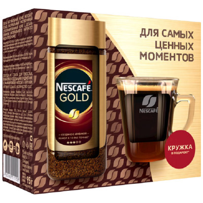 Кофе Nescafe Gold натуральный растворимый сублимированный с добавлением жареного кофе + кружка, 95г