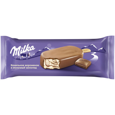 Эскимо Milka сливочное ванильное с шоколадным соусом в молочном шоколаде 8%, 62г