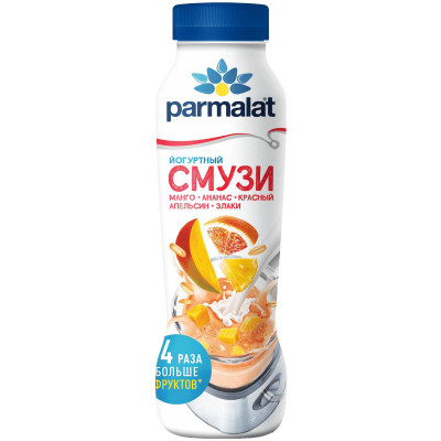 Коктейль Parmalat йогуртный смузи манго-ананас-красный апельсин-злаки 1.2%, 280мл