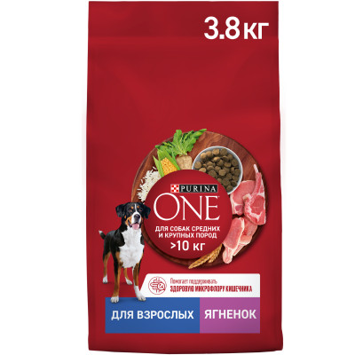 Сухой корм Purina One для собак средних и крупных пород с ягненком и рисом, 3.8кг