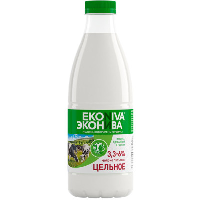 Молоко Эконива цельное пастеризованное 3.3-6%, 1л