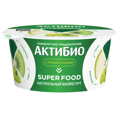 Биойогурт Актибио Super food с грушей киви виноградом и спирулиной с бифидобактериями 2.2%, 140г