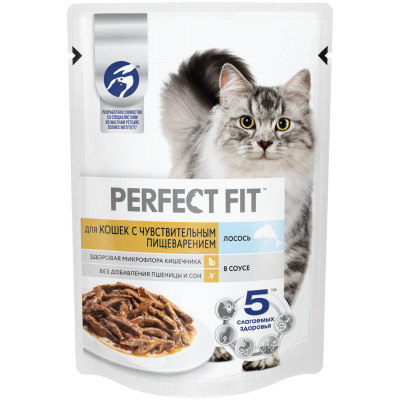 Влажный корм Perfect Fit для кошек с чувствительным пищеварением с лососем в соусе, 75г