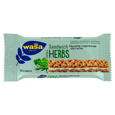 Сандвич из ржаных хлебцев WASA Cheese & Herbs с начинкой из натурального сыра и пряных трав, 30г