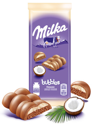 Шоколад молочный Milka Bubbles пористый с кокосовой начинкой, 97г
