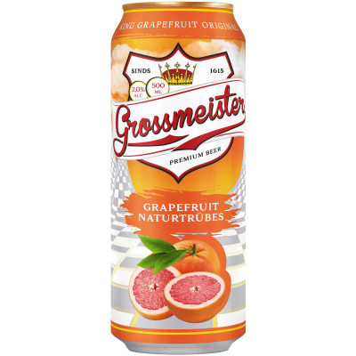 Напиток пивной Grossmeister грейпфрут нефильтрованный неосветленный пастеризованный 2%, 500мл