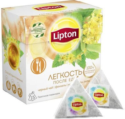 Чай Lipton Лёгкость после еды чёрный фенхель-мята-цветы липы в пирамидках, 15x1.5г