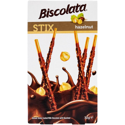 Палочки Biscolata бисквитные покрытые молочным шоколадом и фундуком, 32г