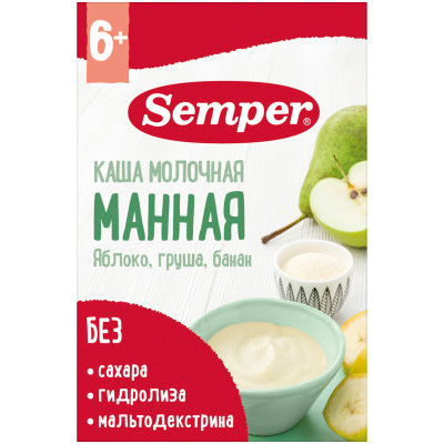 Каша Semper Манная с яблоком грушей и бананом сухая молочная быстрорастворимая, 180г
