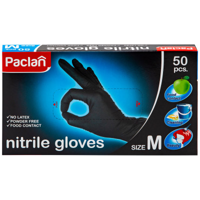 Перчатки Paclan чёрные нитриловые M, 50шт