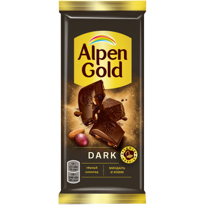 Шоколад тёмный Alpen Gold с изюмом и миндалем, 80г