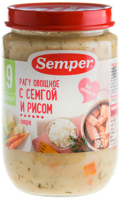 Пюре Semper Рагу овощное с семгой и рисом с 9 месяцев, 190г