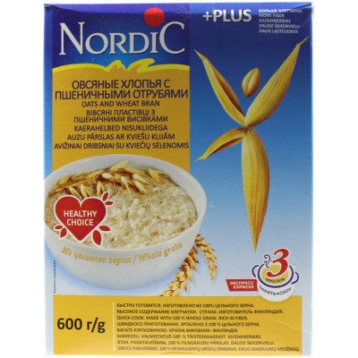 Хлопья овсяные Nordic с пшеничными отрубями, 600г