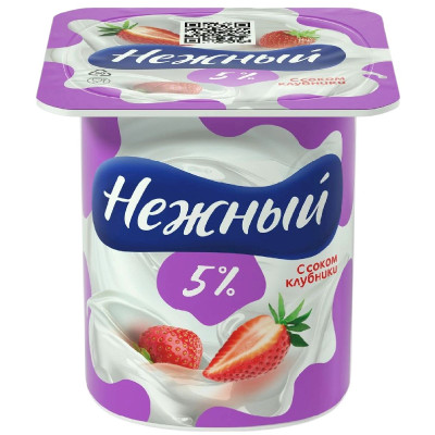 Продукт йогуртный Нежный Сливочный с соком клубники 5%, 100г