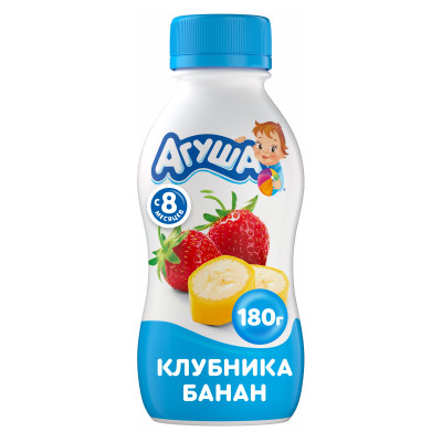Йогурт питьевой Агуша Клубника-Банан для детского питания с 8 месяцев 2.7%, 180г