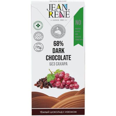 Шоколад Jean Rene тёмный авторский с изюмом без сахара 68%, 80г