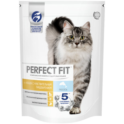 Сухой корм Perfect Fit для взрослых кошек с чувствительным пищеварением с лососем, 650г